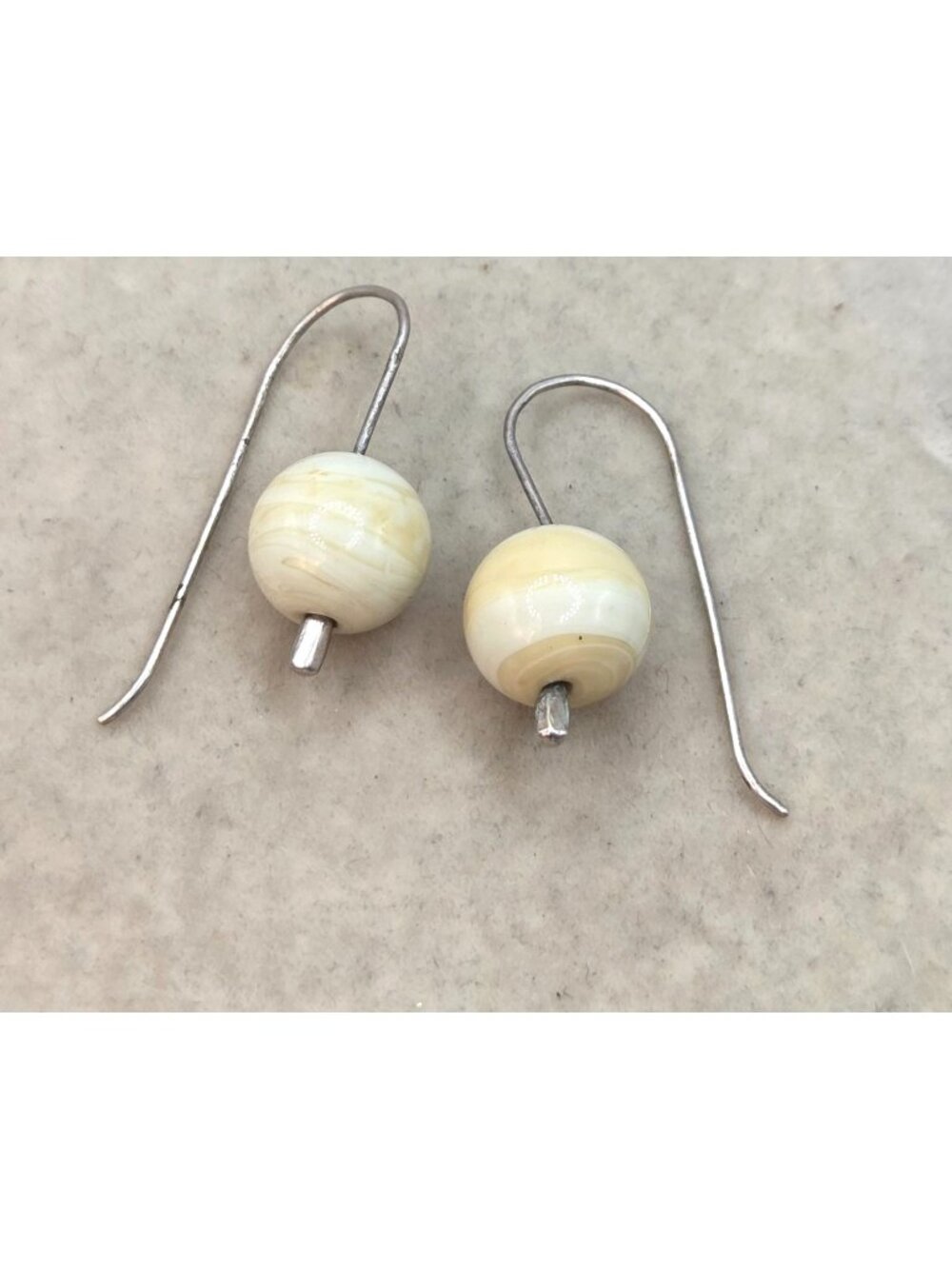 Cream Swirl Glass Bead Dangle Earrings With Silver Hook
